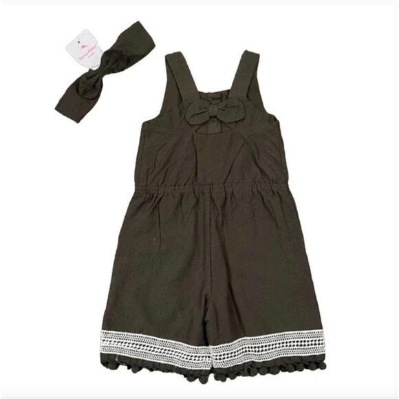 NWT Tommy Bahama Kids Girls' Olive Green Pom Pom Romper & Headband - 18M - Picture 2 of 7